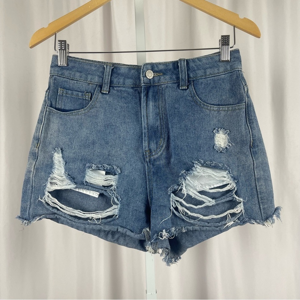 SheIn Small Distressed High Waist Jean Shorts Retro Summer Light Medium Wash
